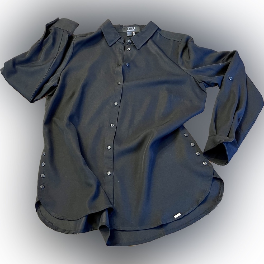 FDJ French Dressing Jeans Long Sleeve Button Down Blouse Black Size 8 Button Hem